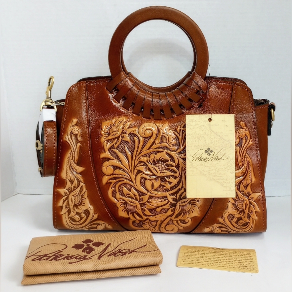 NWT Patricia Nash Lyon Tooled Leather Satchel with crossbody strap, Tan …